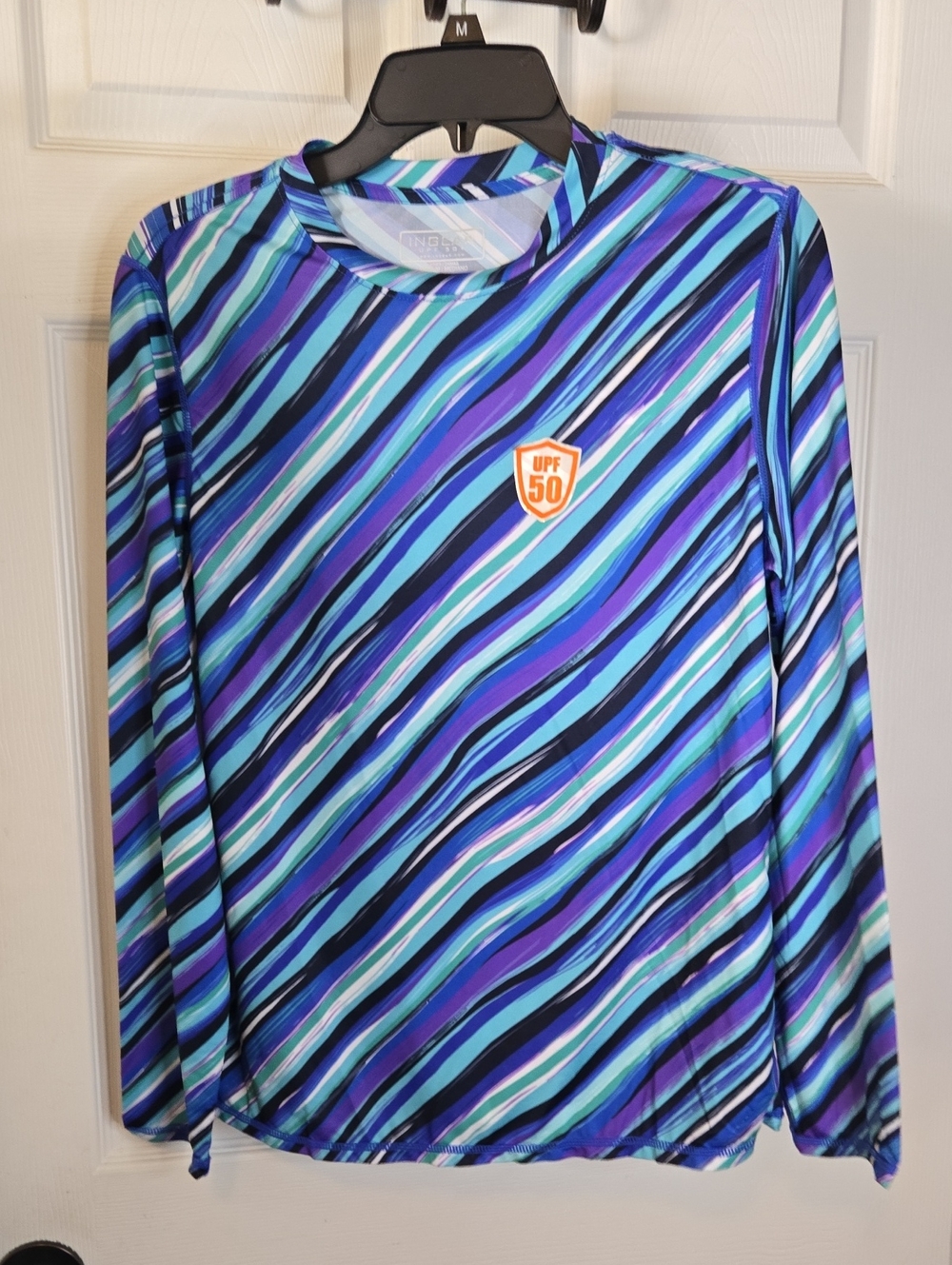 Ingear Long-Sleeve Rash Shirt in Blue, Purple & Teal Stripes Swim Top 50 UPF